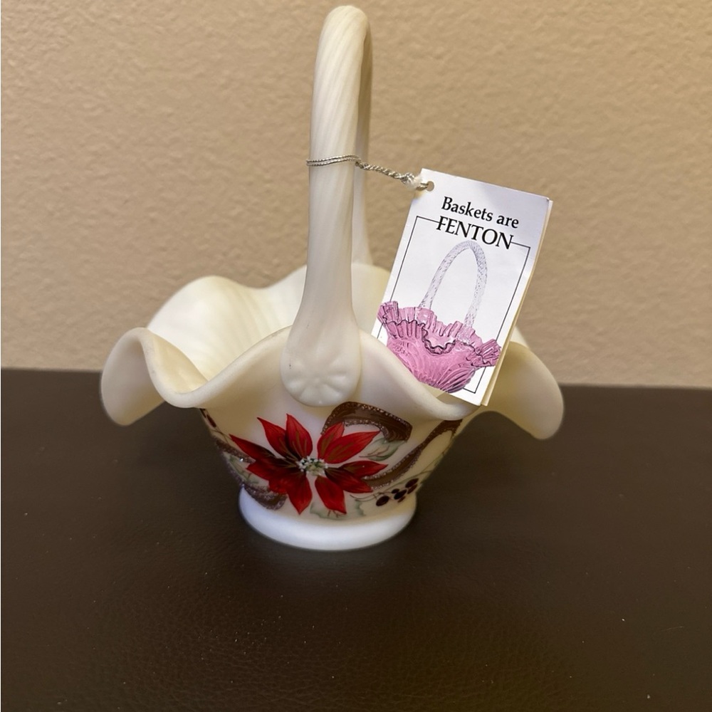 Vintage Fenton Poinsettia Glass Basket Custard Glass Handmade Art Glass